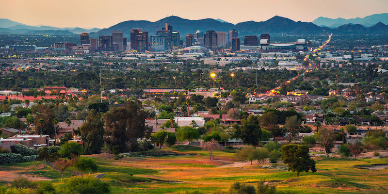 Aerial view of Phoenix Arizona skyline at sunset landscape view of downtown Phoenix